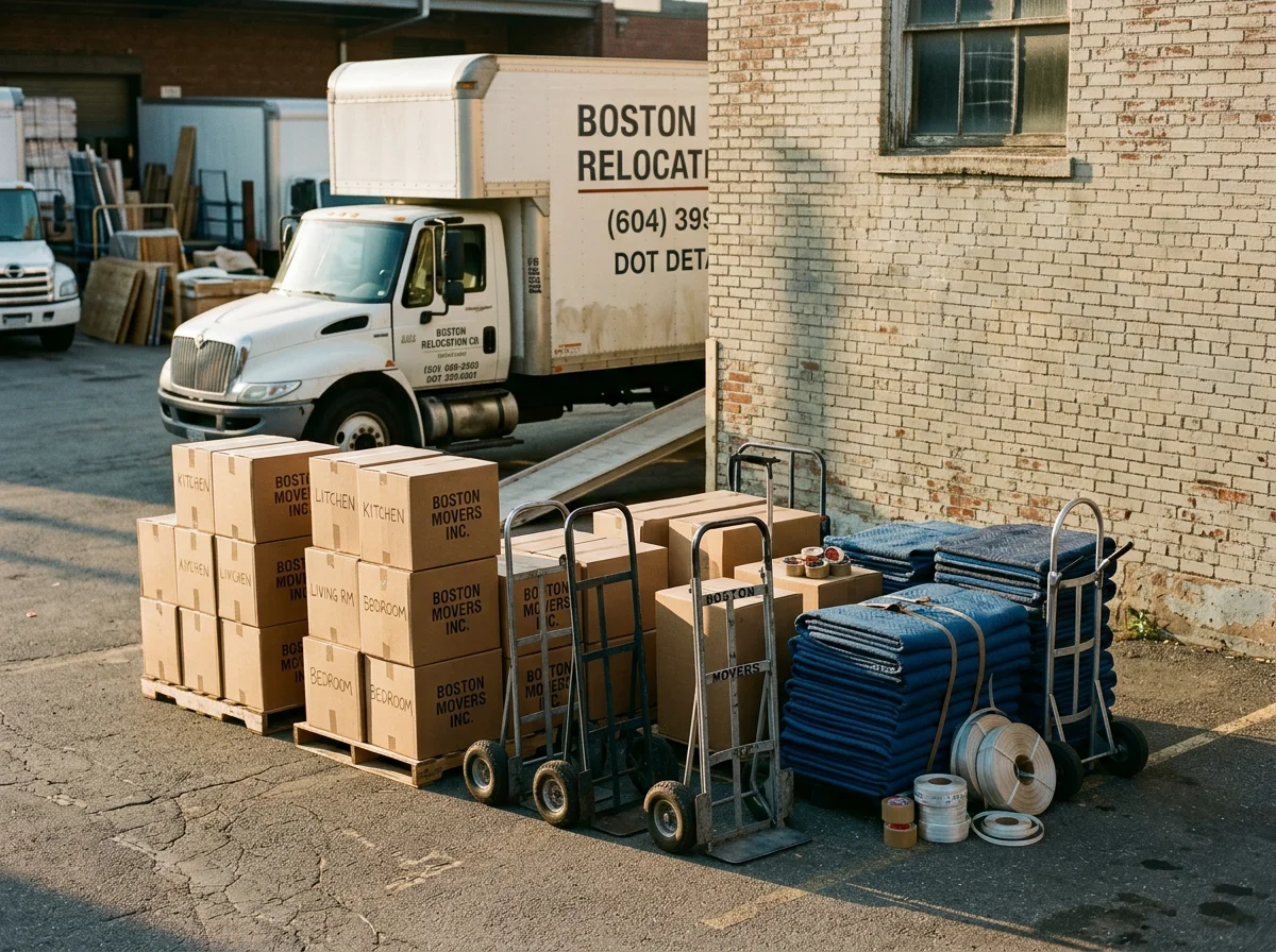 Moving crew with equipment and supplies ready for residential or commercial relocation.
