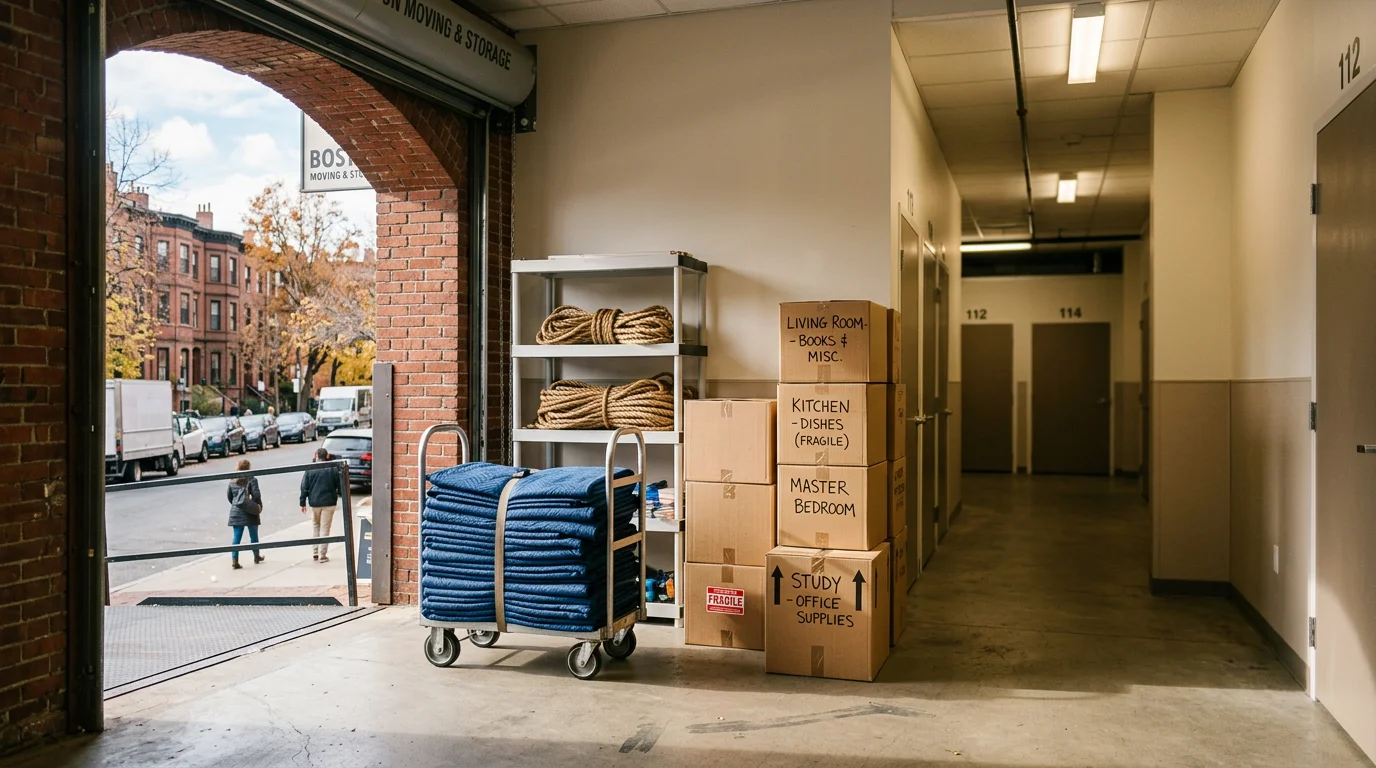 Storage facility with organized moving boxes and household items
