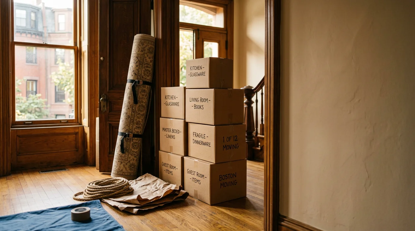 Moving truck loading household items in Boston