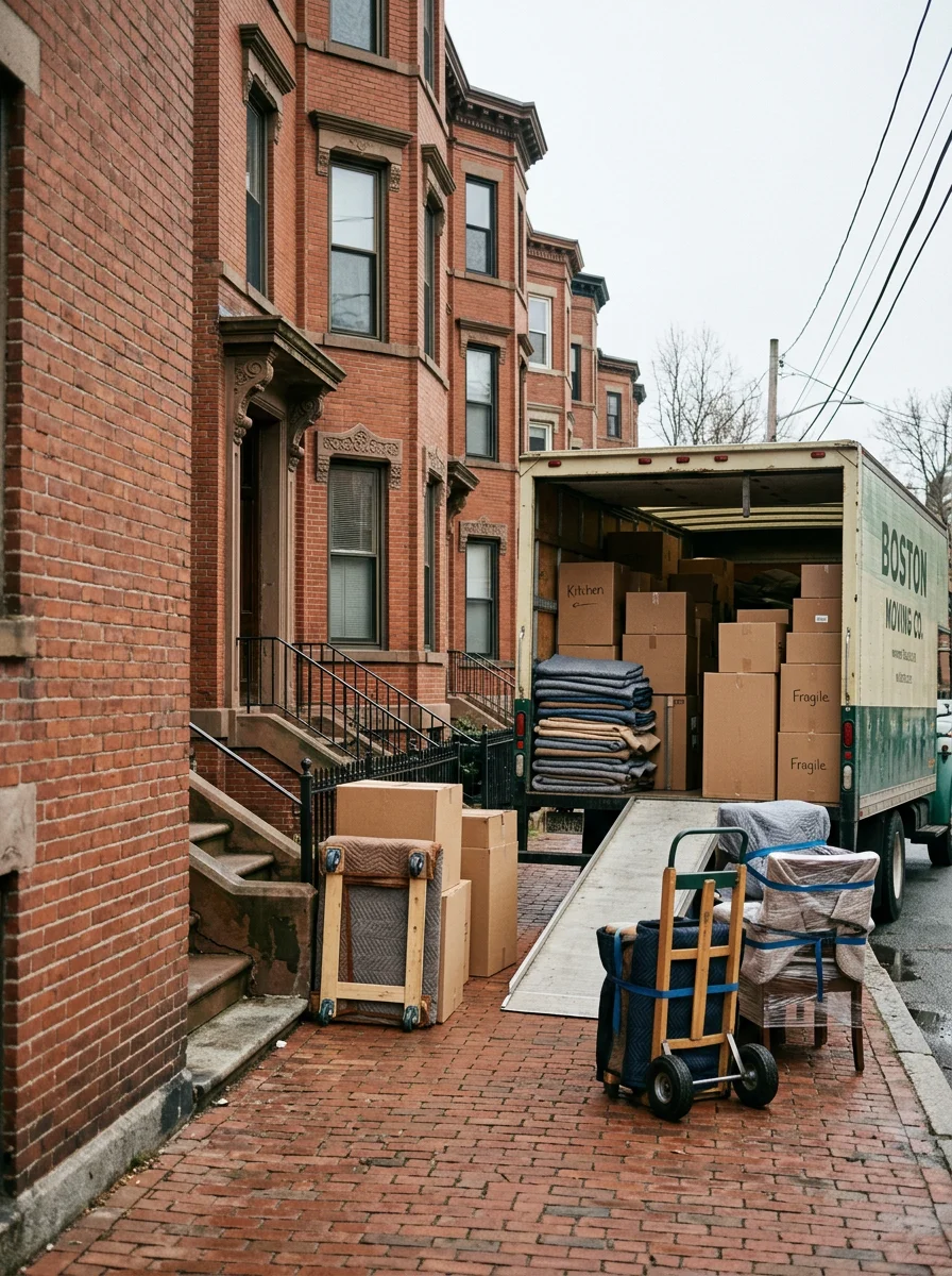 Movers loading a truck on a tight Boston street with brownstone buildings in the background.