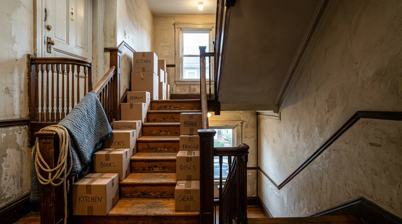 Moving crew carrying boxes down the narrow stairwell of a Boston triple-decker building in Dorchester.