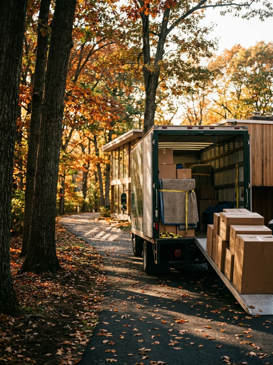 Movers loading boxes into a truck parked at the end of a long wooded driveway at a Lexington mid-century modern home.