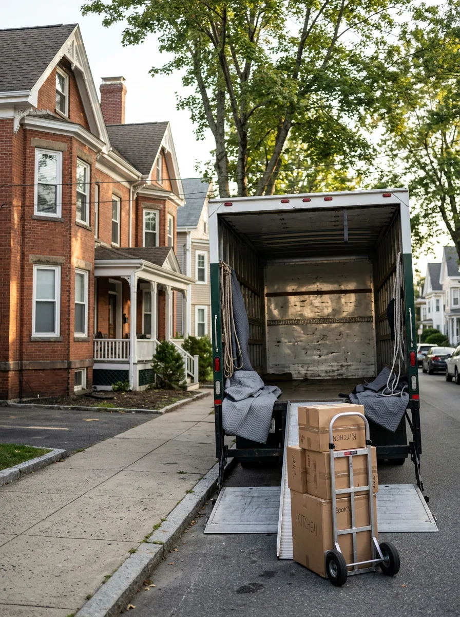 Movers loading boxes into a truck parked outside a Victorian multi-family home on a Medford residential street.