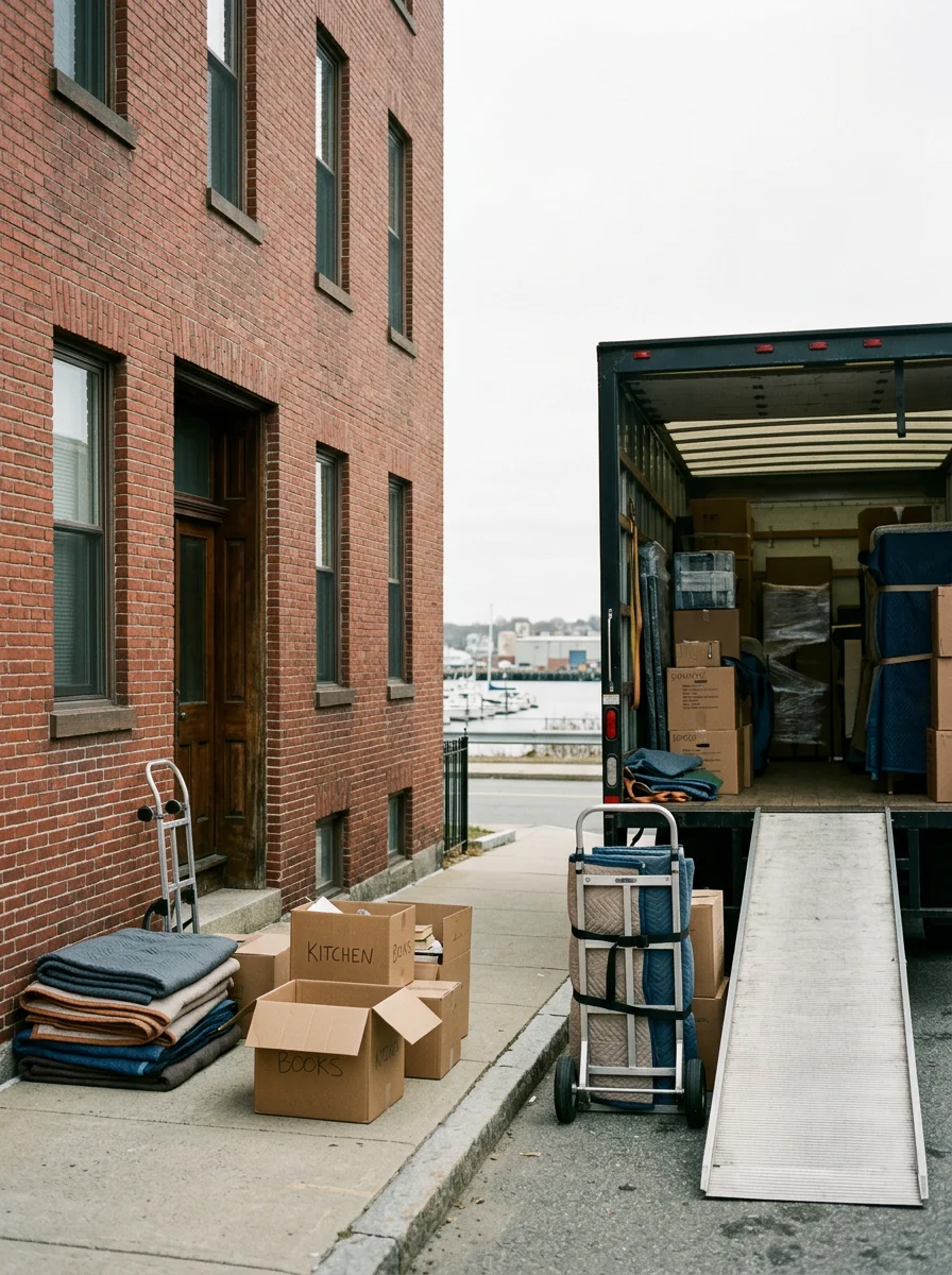 Moving crew loading a truck outside a multi-family building in North Quincy with the waterfront visible in the background.