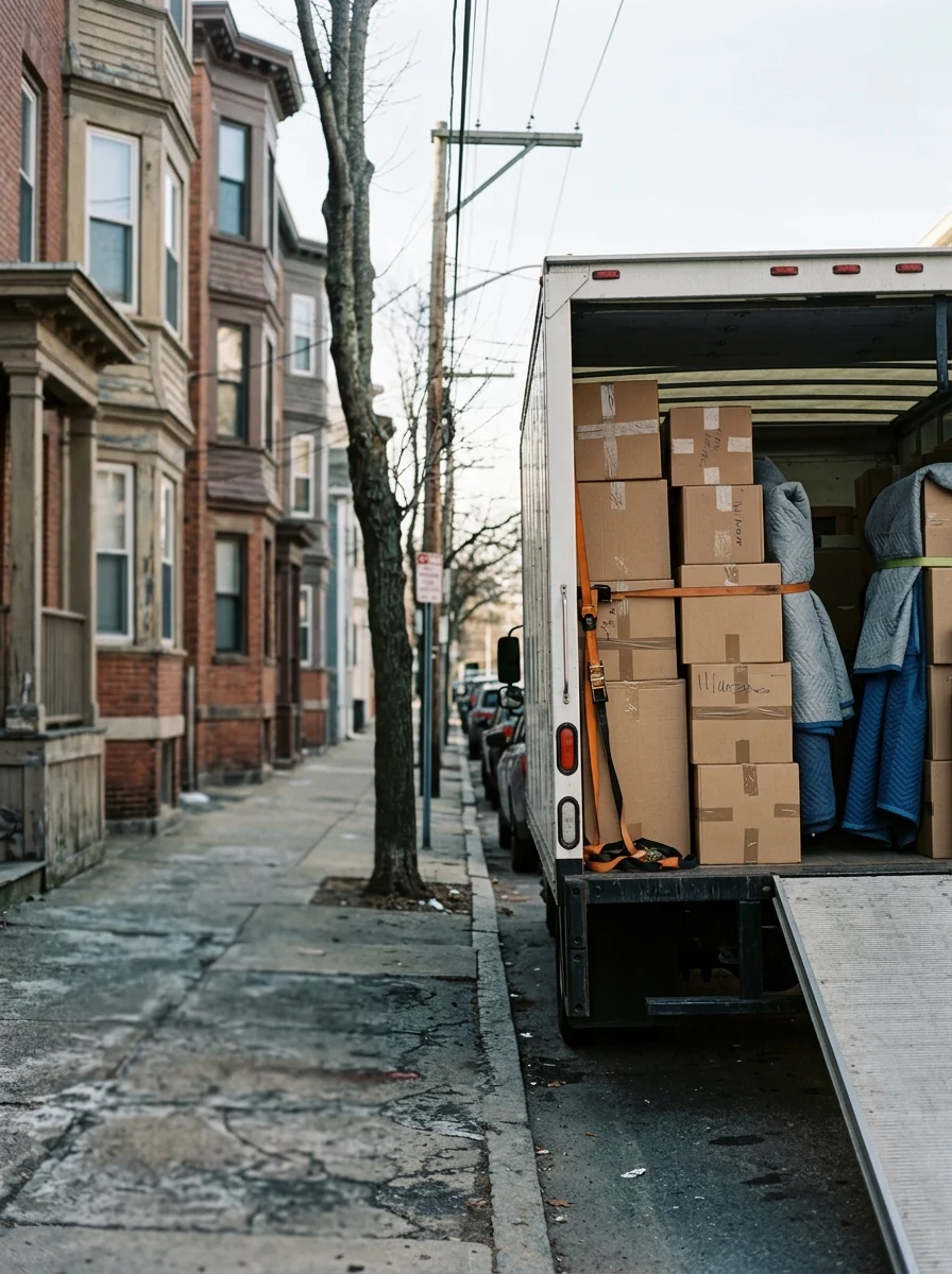 Moving crew loading boxes into a truck parked on a tight Somerville street near Davis Square.