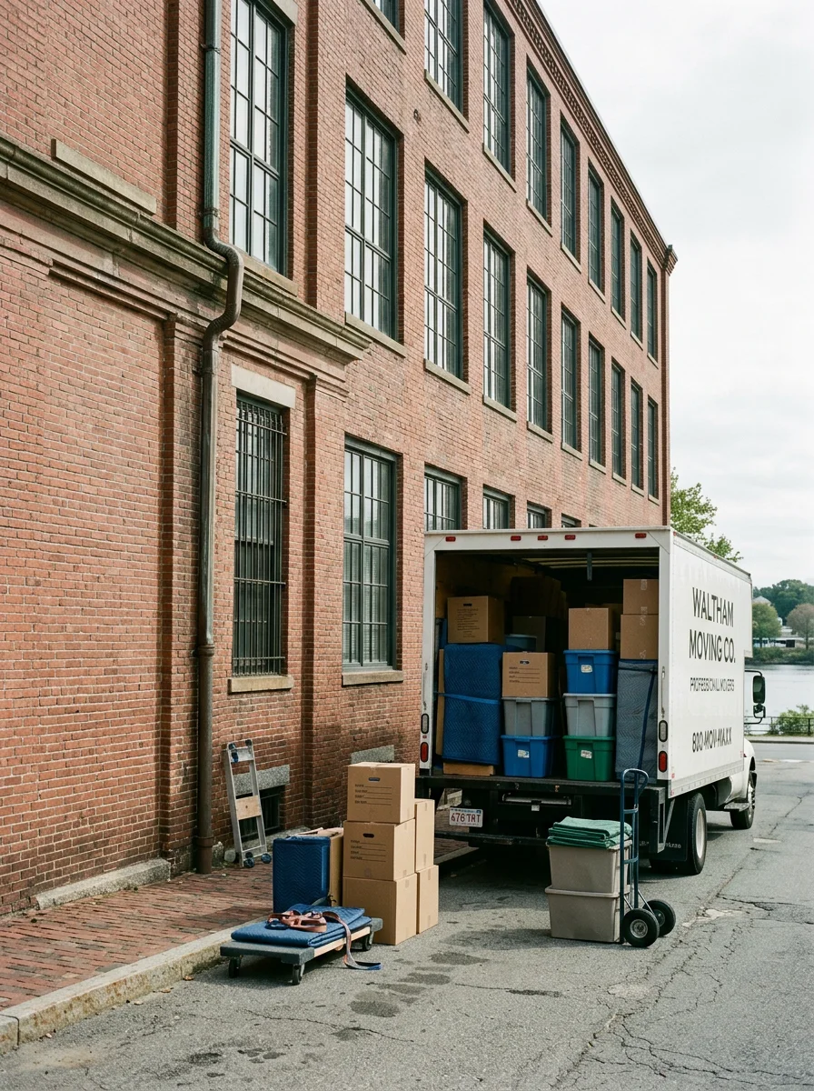 Movers loading boxes into a truck outside a converted mill condo building along the Charles River in Waltham.