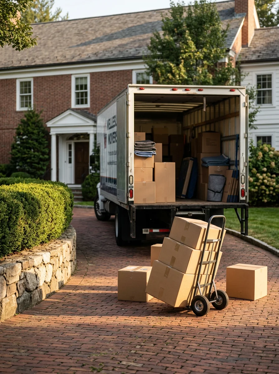 Movers loading boxes into a truck parked at the end of a long driveway at a Wellesley estate property.