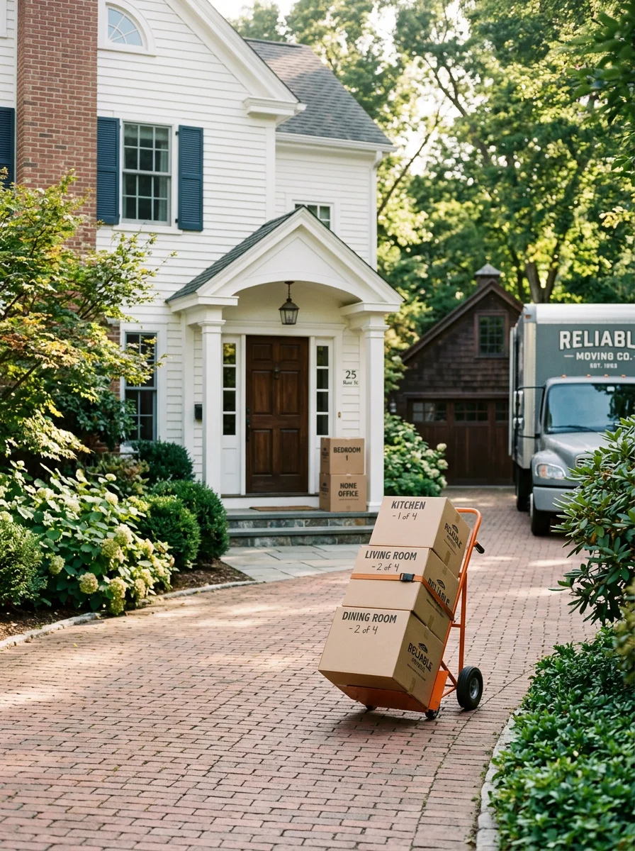 Movers loading boxes from a large Weston Colonial home with a detached garage visible in the background.