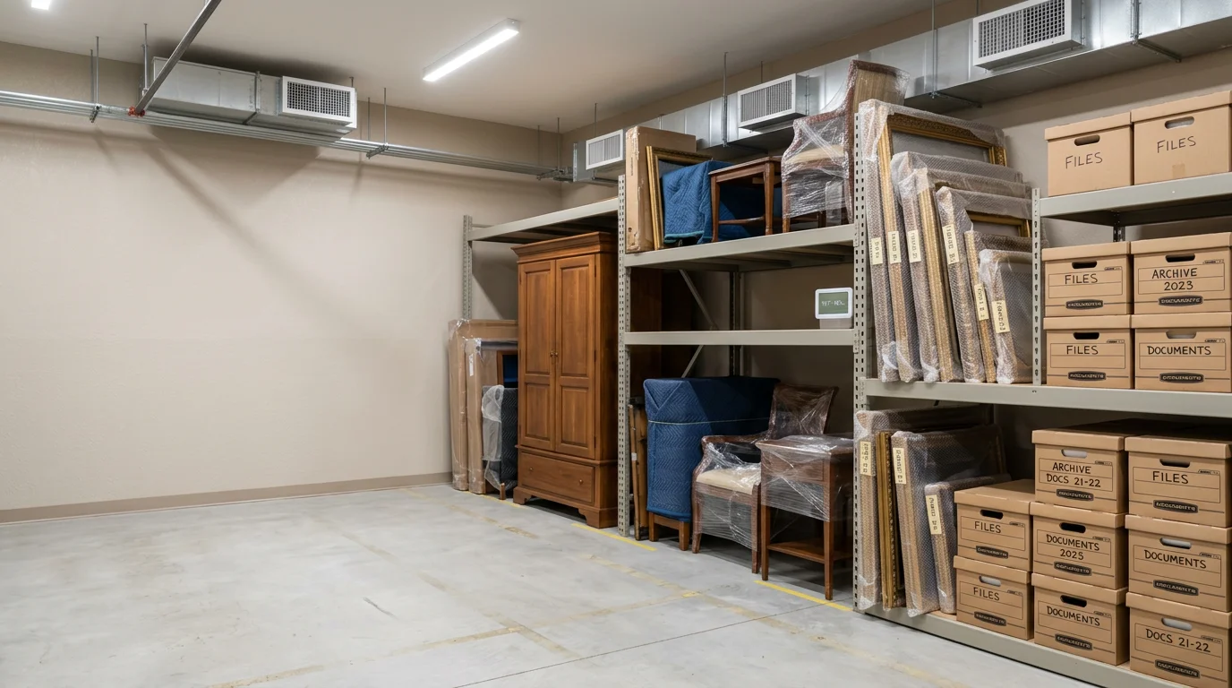 Climate-controlled storage unit with wrapped furniture and boxed belongings staged for a Boston-area move. Interior shows a clean, enclosed facility protecting items from New England seasonal weather.