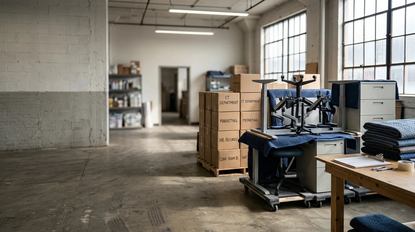A commercial moving crew carefully loading labeled office furniture and equipment onto a truck outside a multi-story office building in Boston. Freight elevator access and a loading dock area are visible in the background.