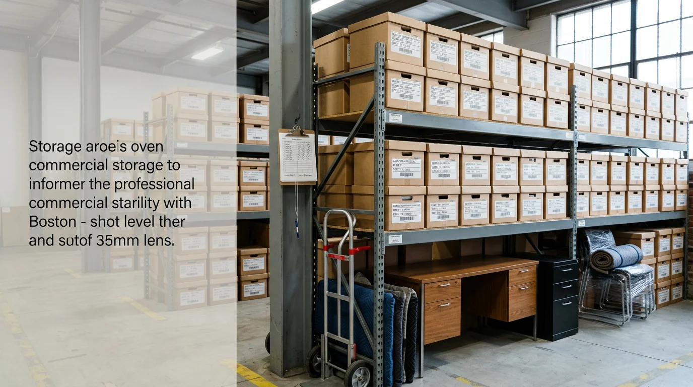 A Boston Efficient Movers crew loading labeled commercial office furniture and equipment into a storage facility in the Greater Boston area. Stacked boxes and office chairs are organized near a freight loading area inside a secure commercial storage space.