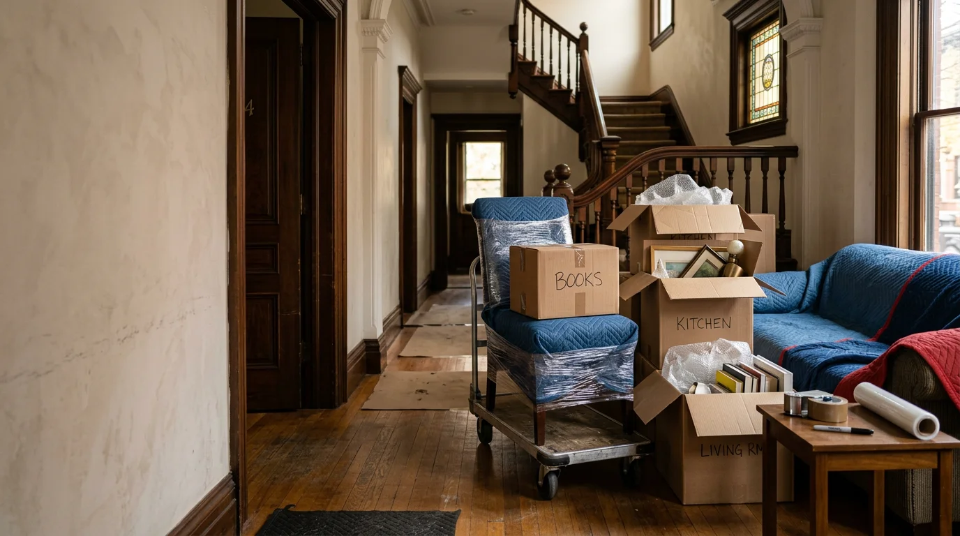 A moving crew carefully carrying furniture down a narrow staircase inside a Boston brownstone apartment building. Moving boxes and wrapped items are staged near the front door of a residential property in the Greater Boston area.