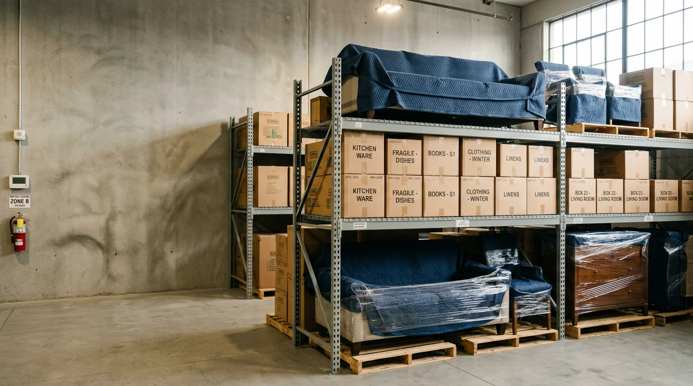 A Boston Efficient Movers crew carefully loading boxed household goods and wrapped furniture onto a truck outside a Boston apartment building. Items are staged for long-term storage pickup on a residential street in the Greater Boston area.