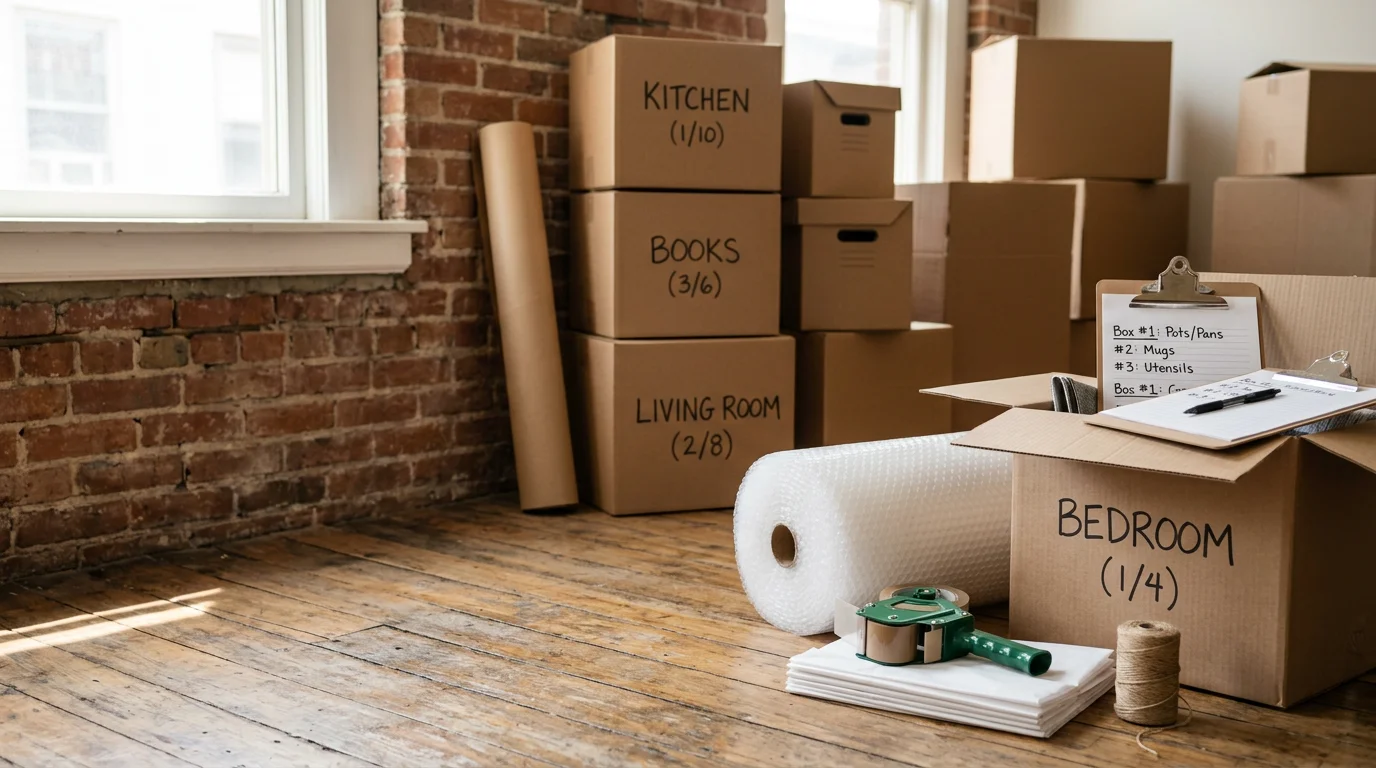 A Boston Efficient Movers crew member carefully wrapping and boxing household items inside a Boston apartment, with labeled moving boxes stacked and ready near a narrow stairwell.