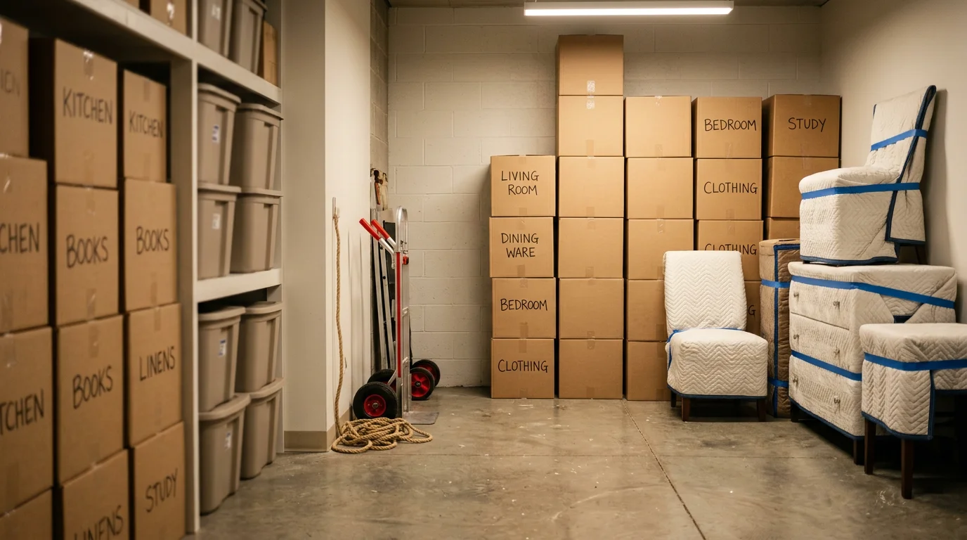 A Boston Efficient Movers crew carefully loading boxed household belongings and furniture onto a moving truck outside a residential home in the Boston area. Items are stacked and organized for transport to a local storage facility.