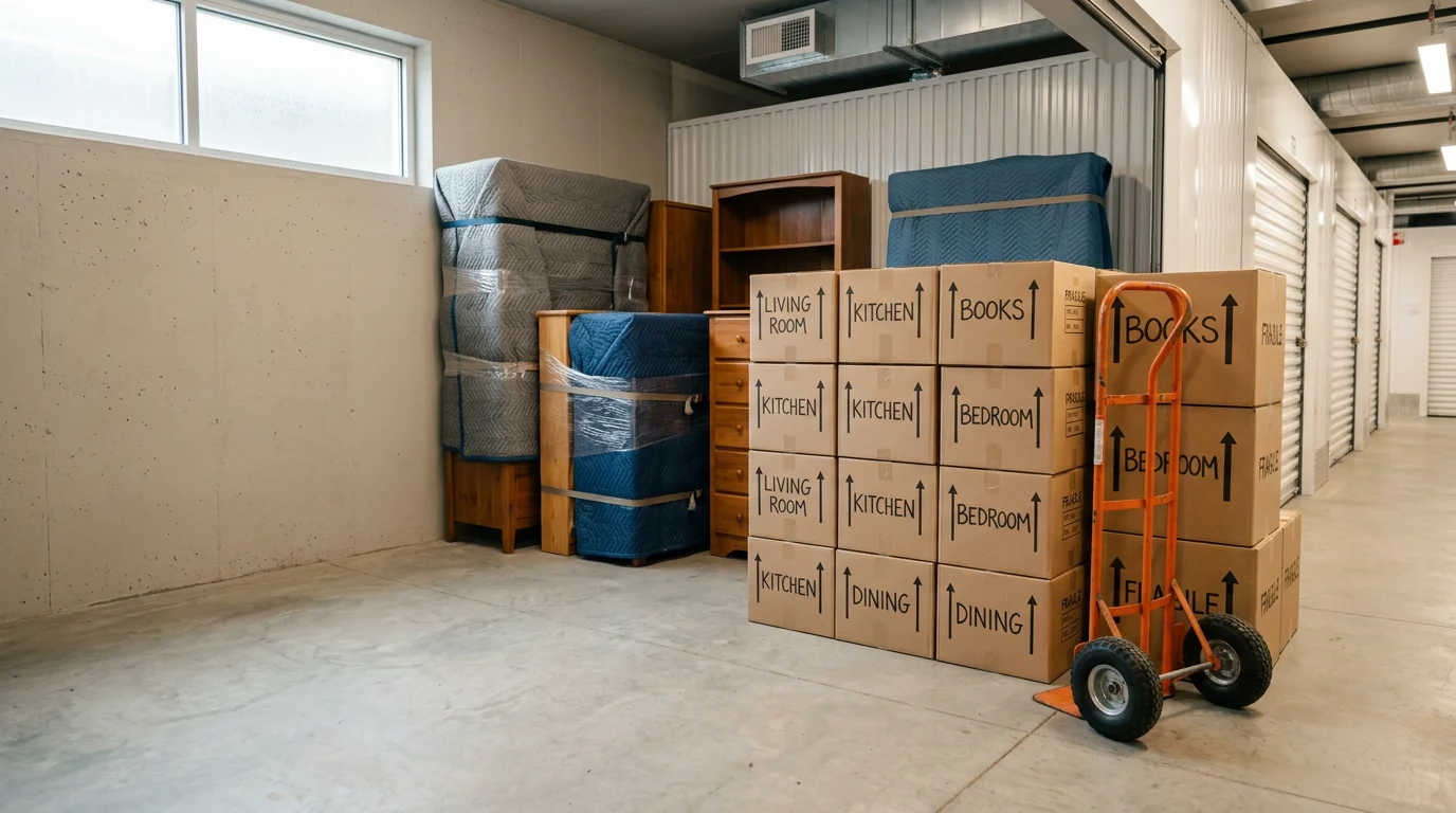 A Boston Efficient Movers crew carefully loading wrapped furniture and labeled boxes into a storage facility during a residential move in the Greater Boston area. Neatly organized household items are staged for short-term holding between a move-out in Somerville and a move-in in Medford.