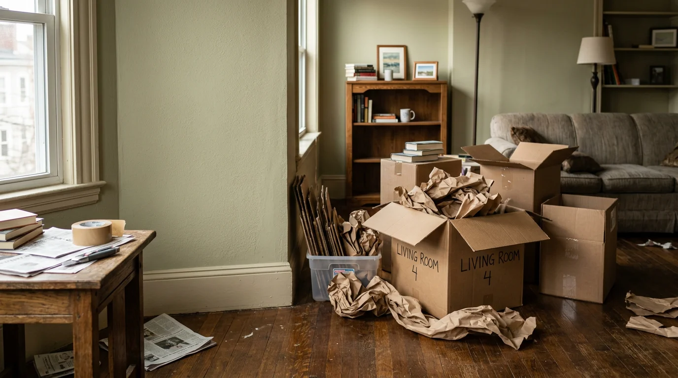 A Boston Efficient Movers crew member placing neatly unpacked kitchen items onto shelves inside a Boston apartment. Empty cardboard boxes are stacked in the hallway ready for removal.